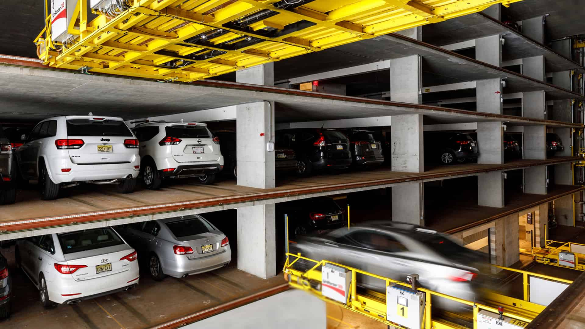 The inside of an automated parking system at Park+Garden, Hoboken, NJ.