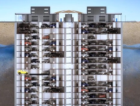 U-tron has a unique underground cylinder Automated parking solution. This solution can excavate up to 30 stories deep, with 10 parking spaces on each level and is especially fitted to airport parking lots. 