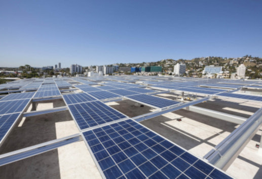 Solar panels on the roof of WeHo City Hall automated parking building